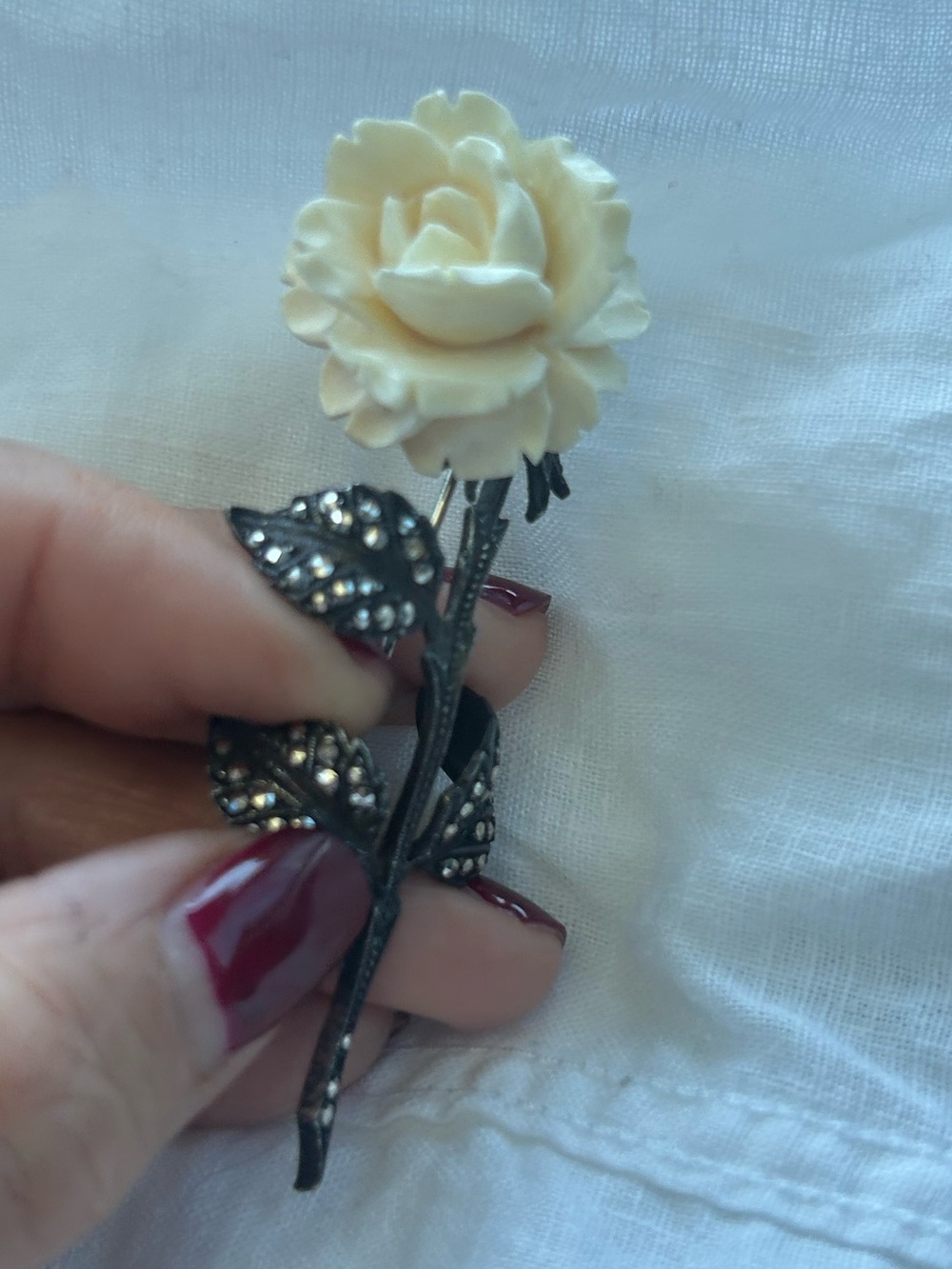 Stunning vintage sterling German carved rose & marcasite brooch